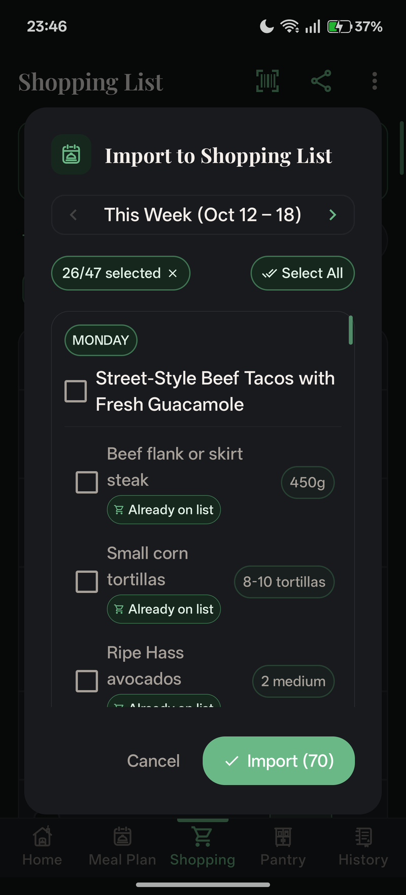 Import to Grocery List Dialog (Dark)