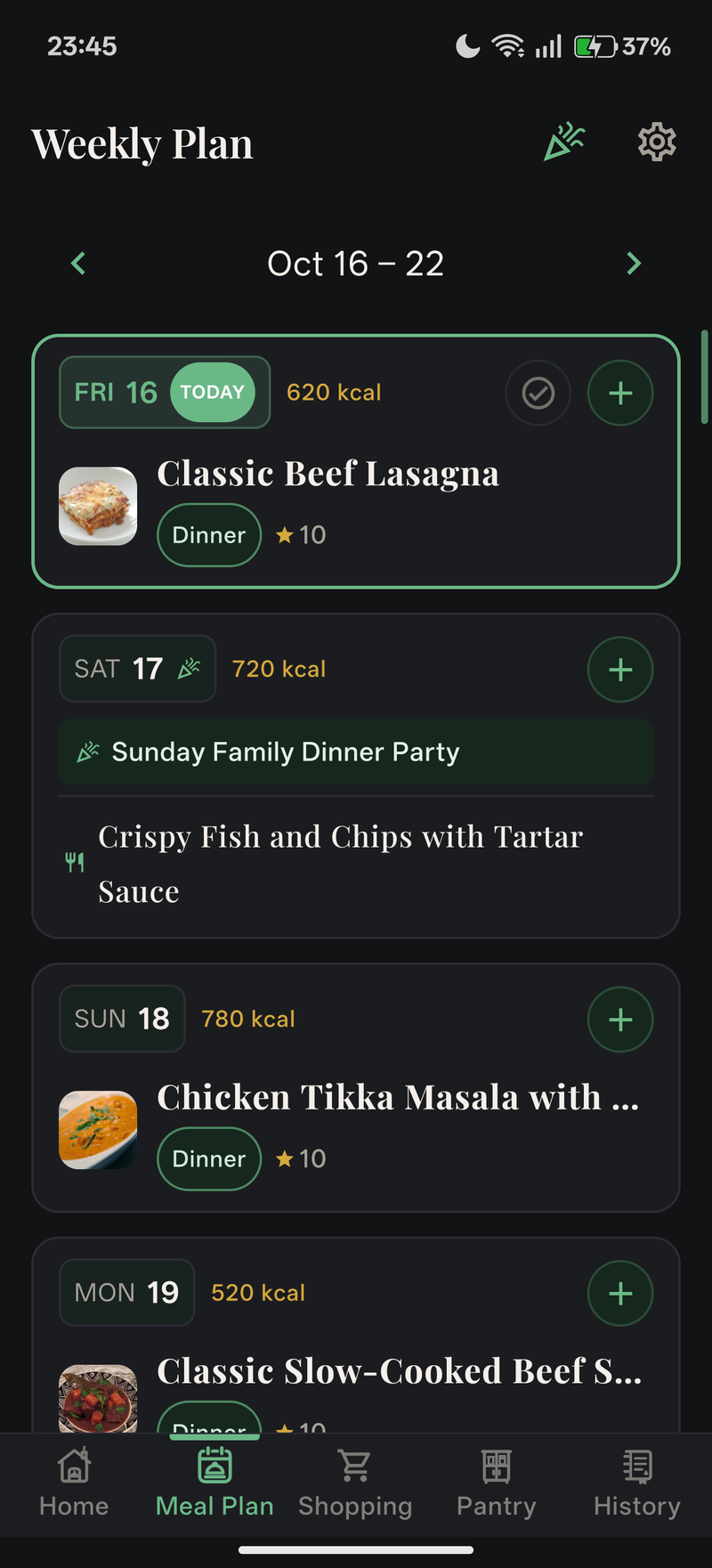 Weekly Plan Screen (Dark)