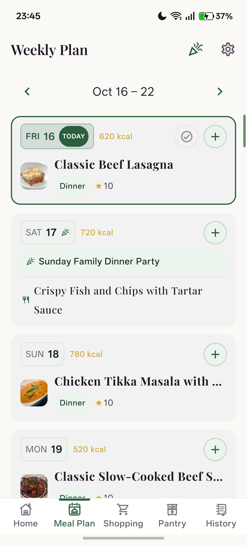Weekly Plan Screen